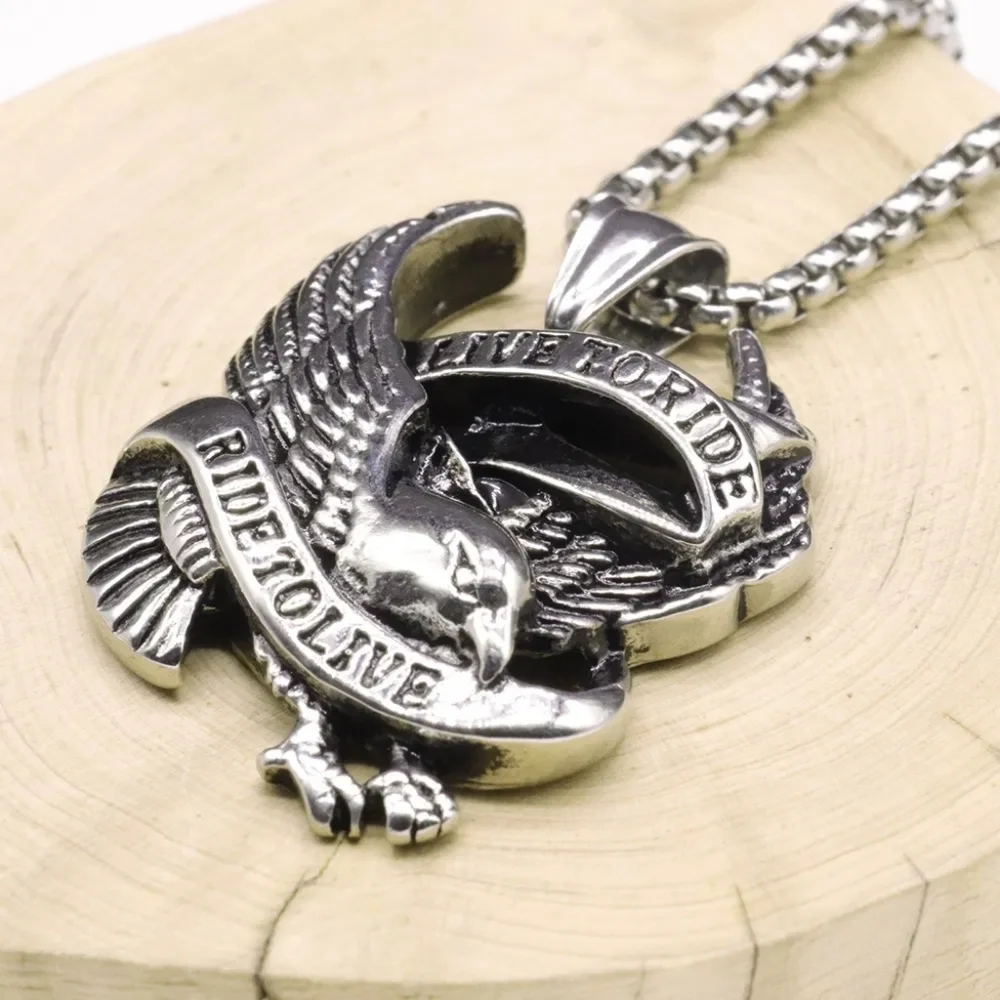 Bikers Mens Punk Rock Live to Ride Eagle Pendant Necklace Stainless Steel Chain